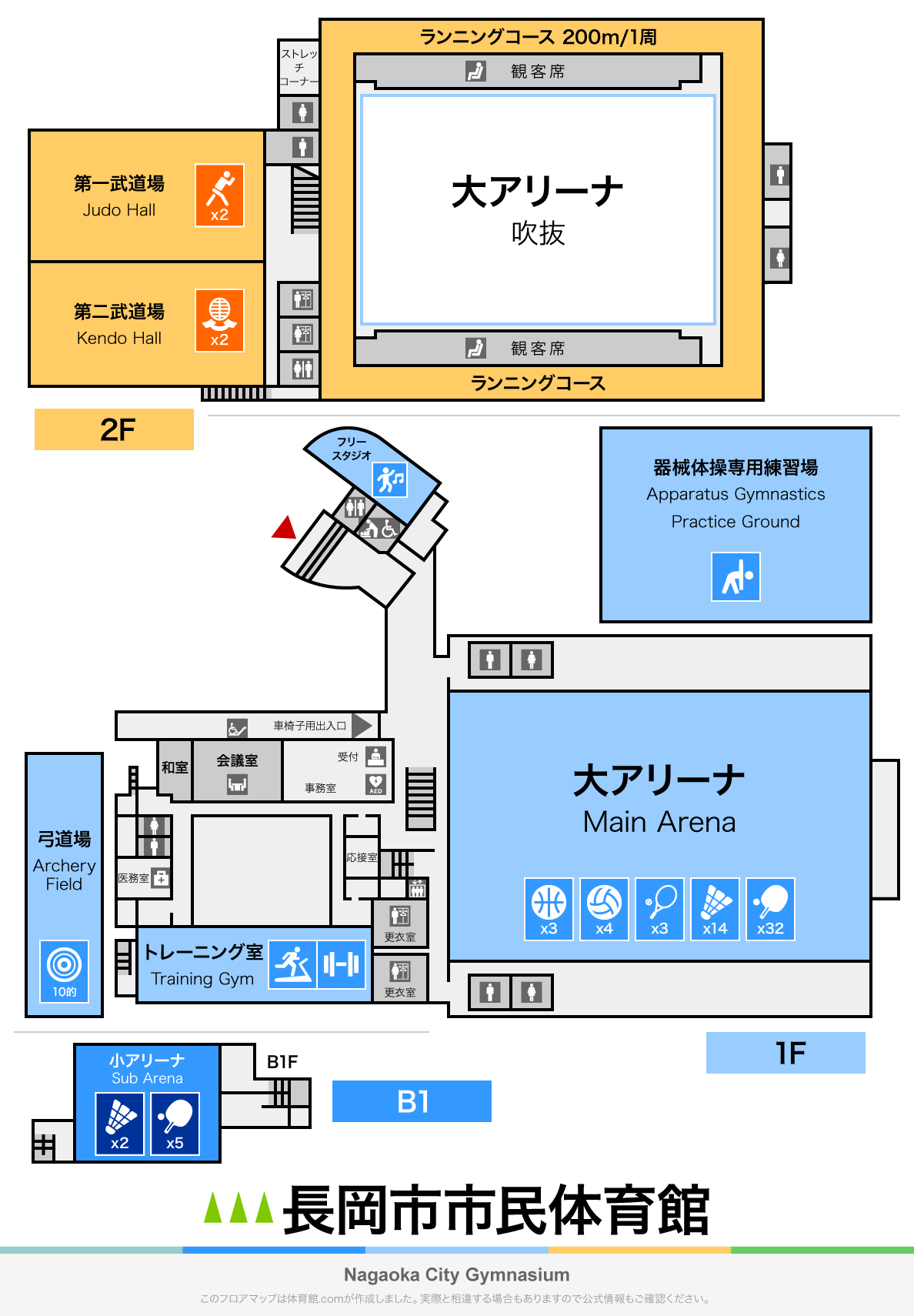 長岡市市民体育館のフロアマップ・体育館