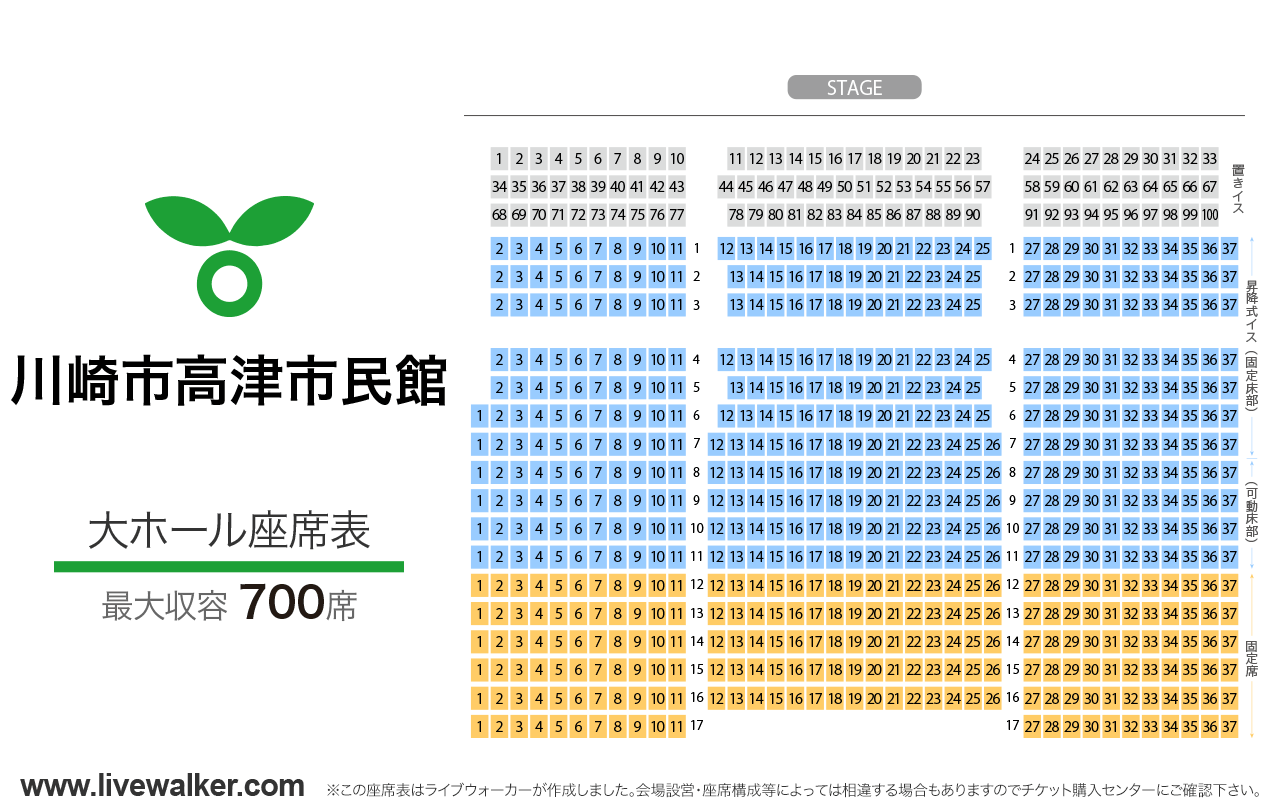 川崎市高津市民館大ホールの座席表