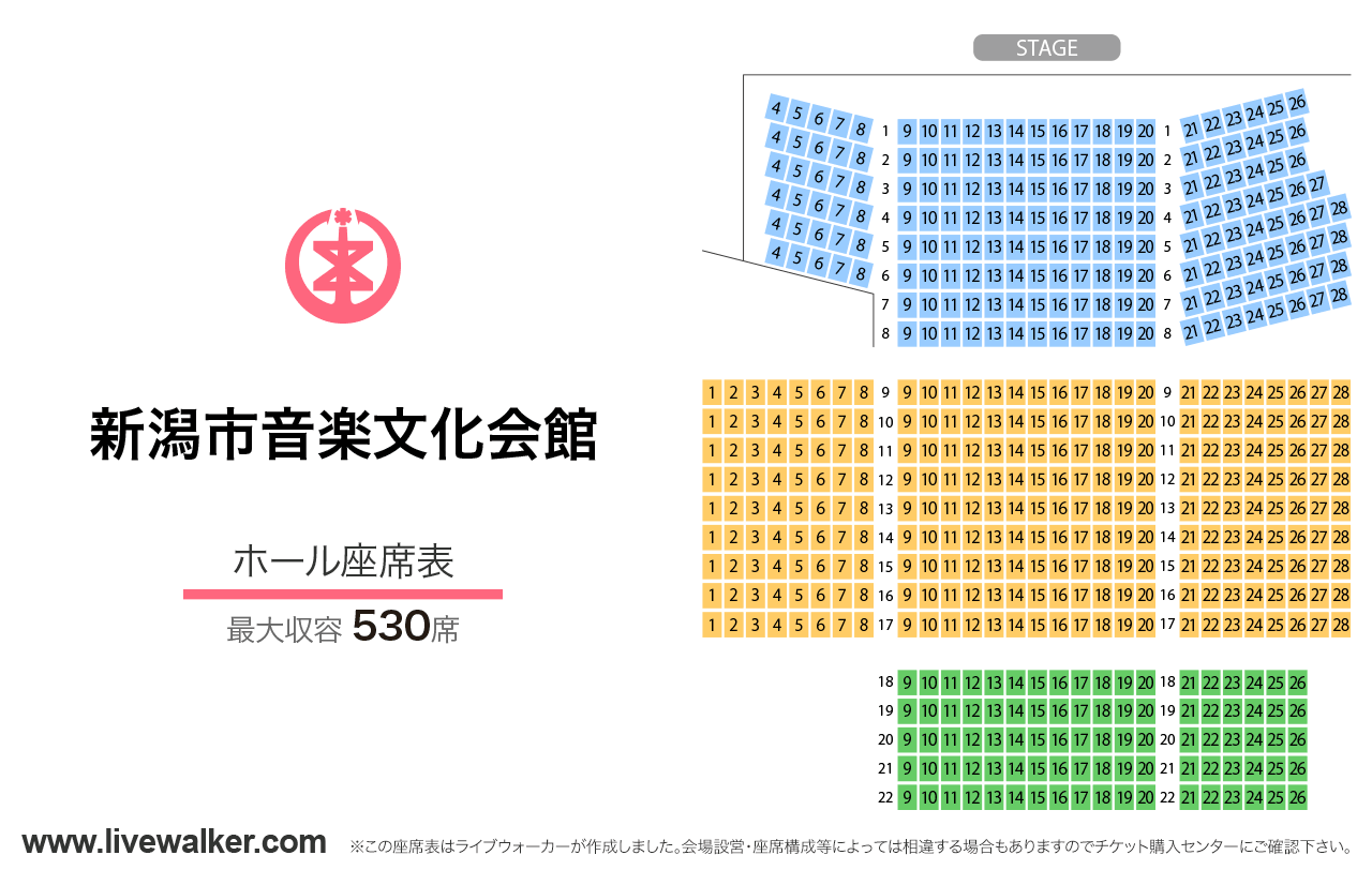 新潟市音楽文化会館ホールの座席表