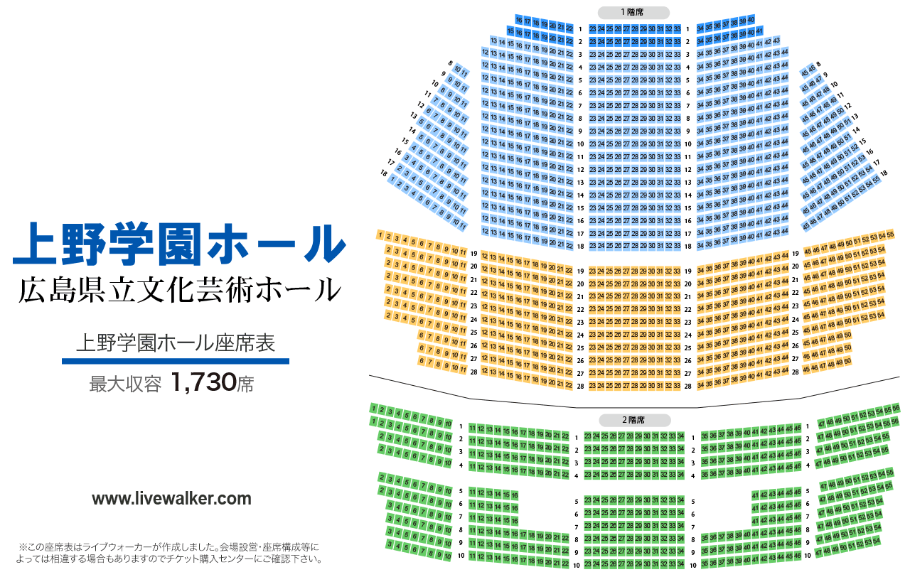上野学園ホール（広島県立文化芸術ホール）ホールの座席表