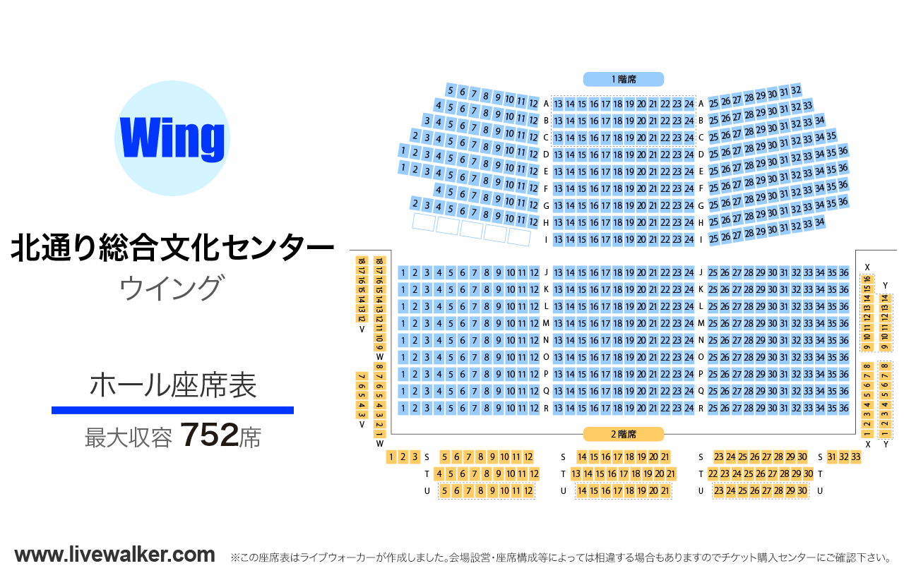 北通り総合文化センター「ウイング」ホールの座席表