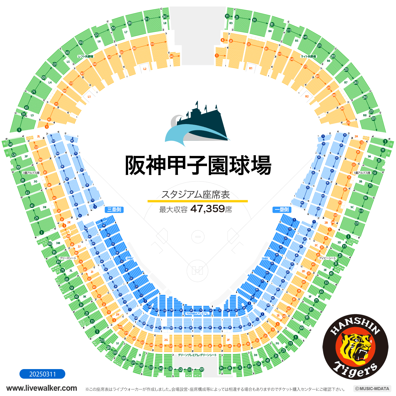 阪神甲子園球場スタジアムの座席表