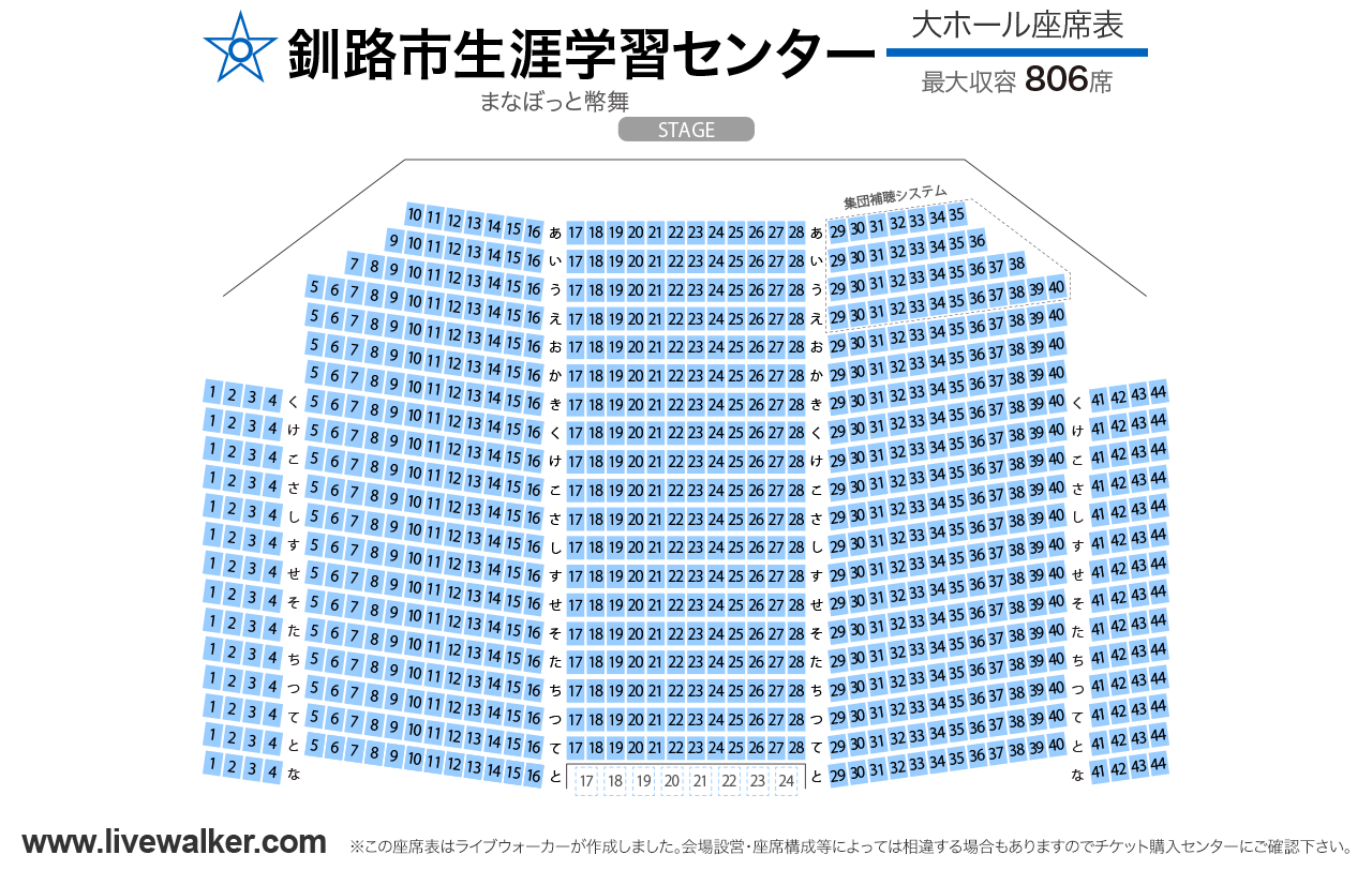 釧路市生涯学習センター まなぼっと幣舞大ホールの座席表