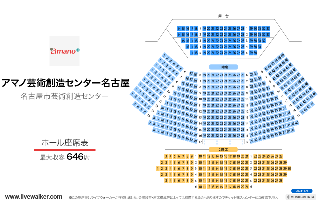 名古屋市芸術創造センターホールの座席表