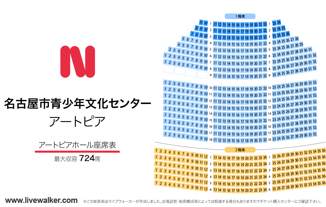 名古屋市青少年文化センター（アートピア）アートピアホールの座席表