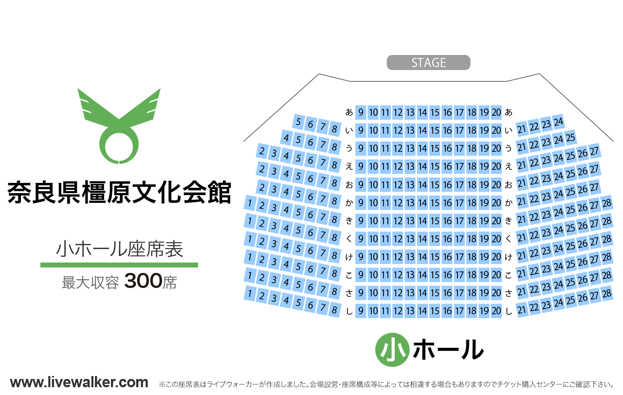 奈良県橿原文化会館小ホールの座席表