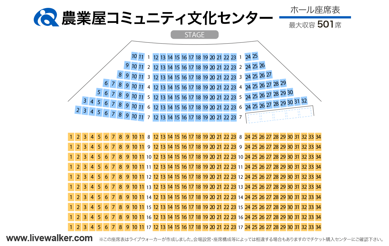 農業屋コミュニティ文化センターホールの座席表