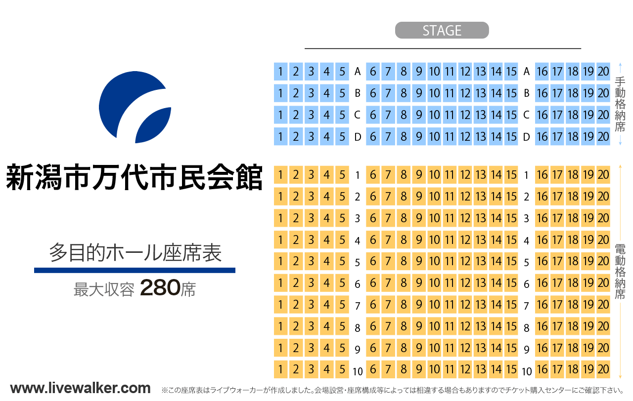 新潟市万代市民会館多目的ホ－ルの座席表