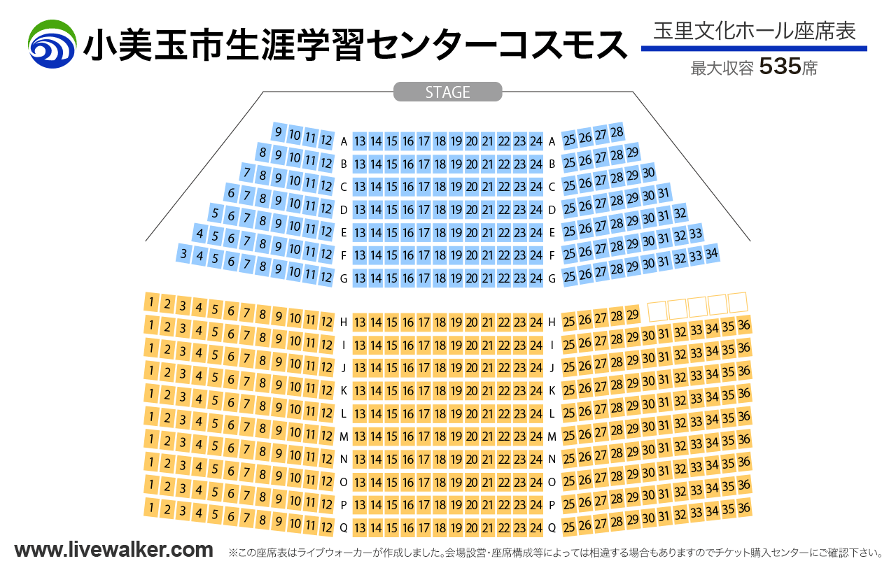 小美玉市生涯学習センターコスモス玉里文化ホールの座席表