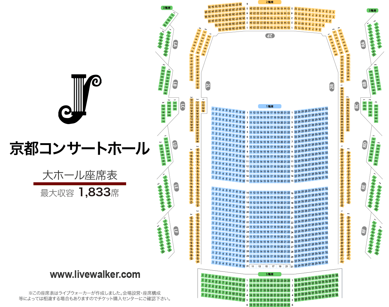 京都コンサートホール大ホールの座席表