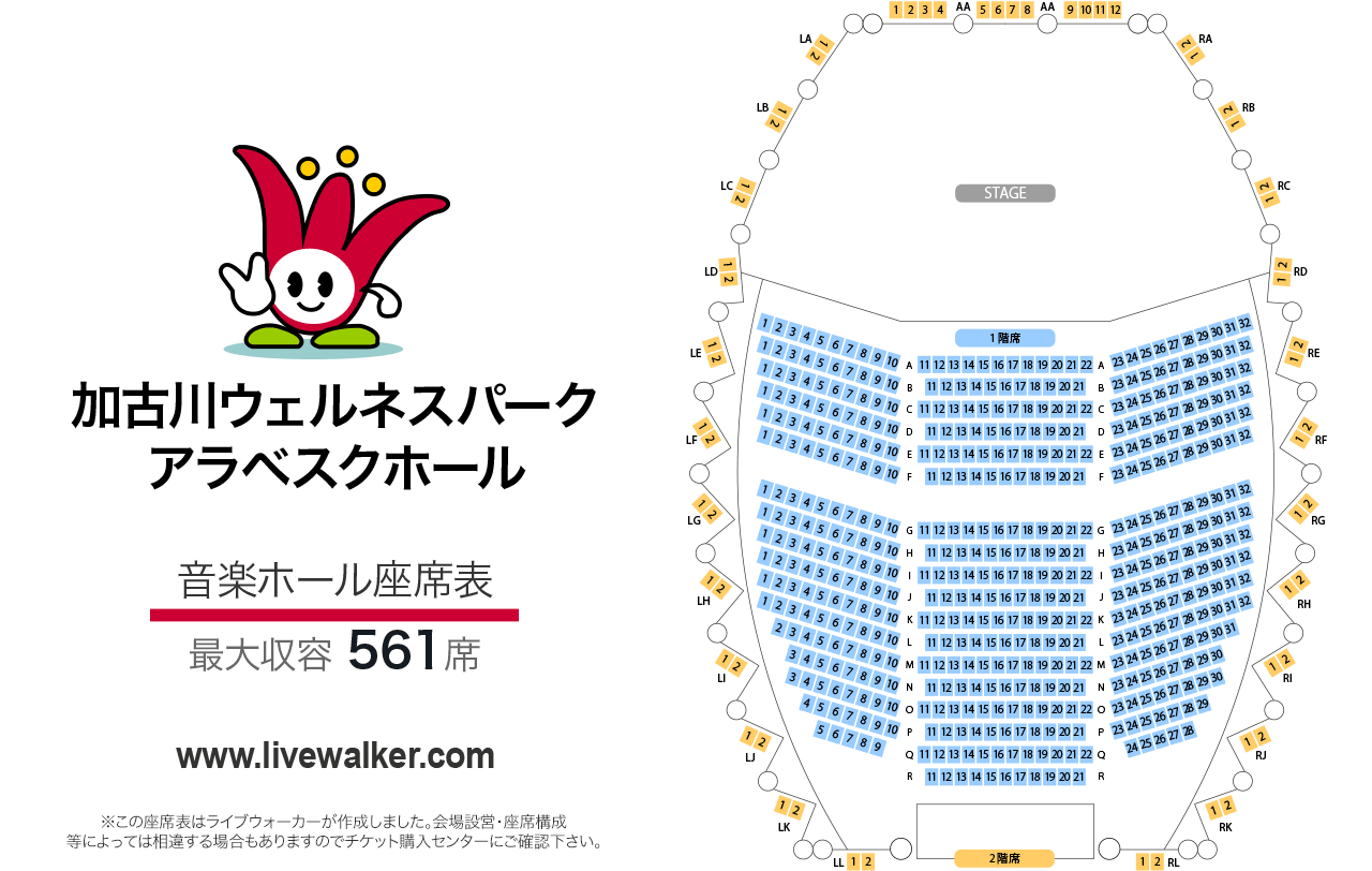 加古川ウェルネスパーク アラベスクホール音楽ホールの座席表