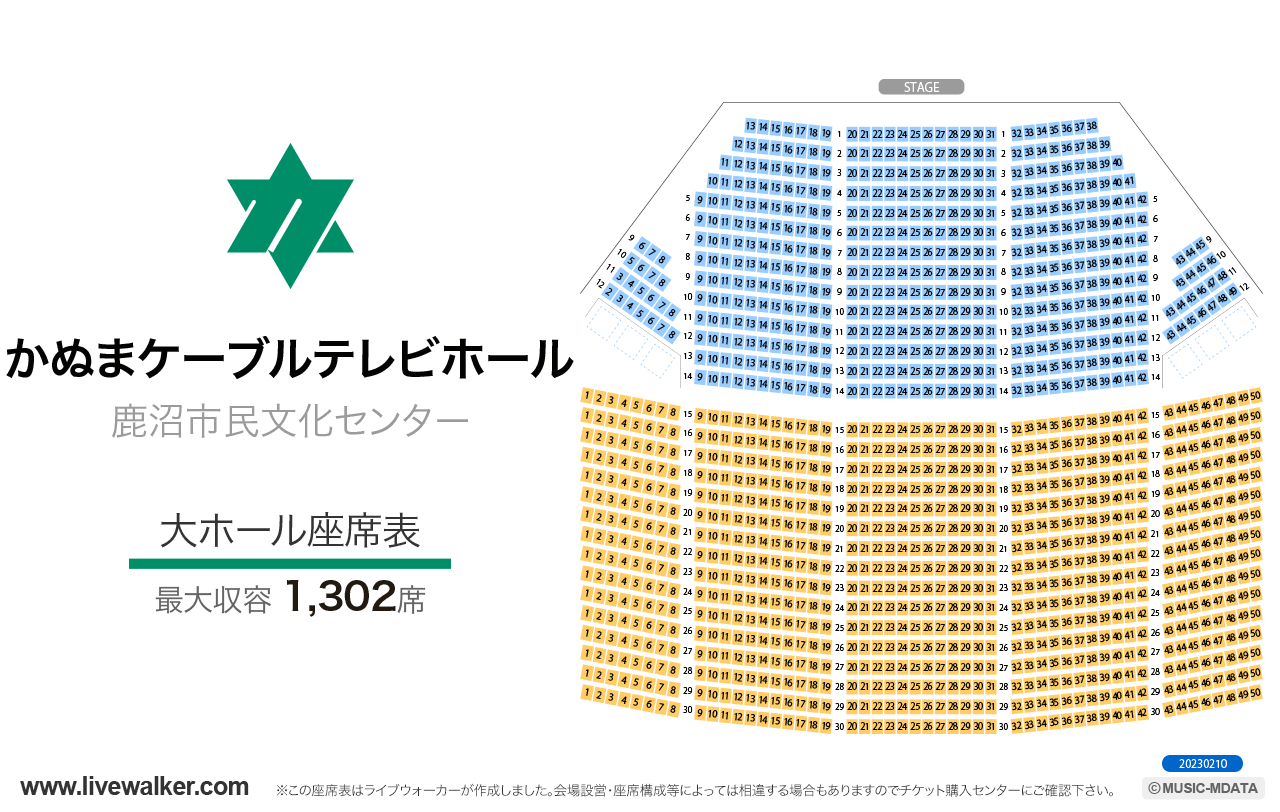 かぬまケーブルテレビホール 大ホールの座席表