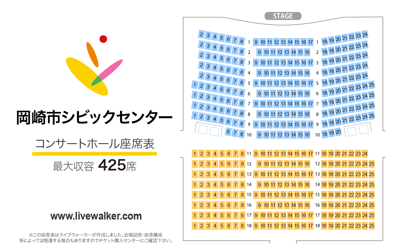 岡崎市シビックセンターコンサートホールコロネットの座席表
