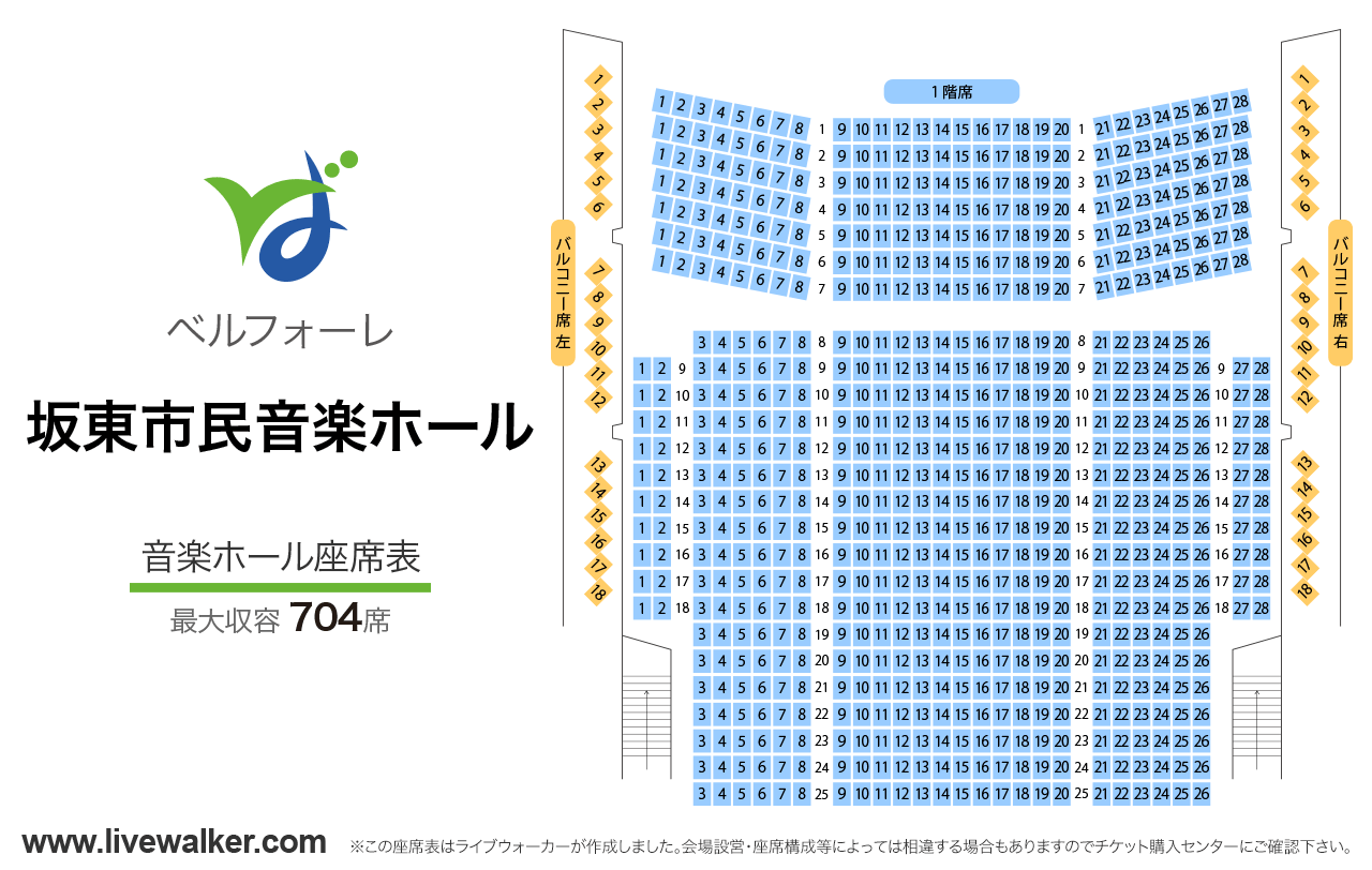 坂東市民音楽ホール ベルフォーレ音楽ホールの座席表