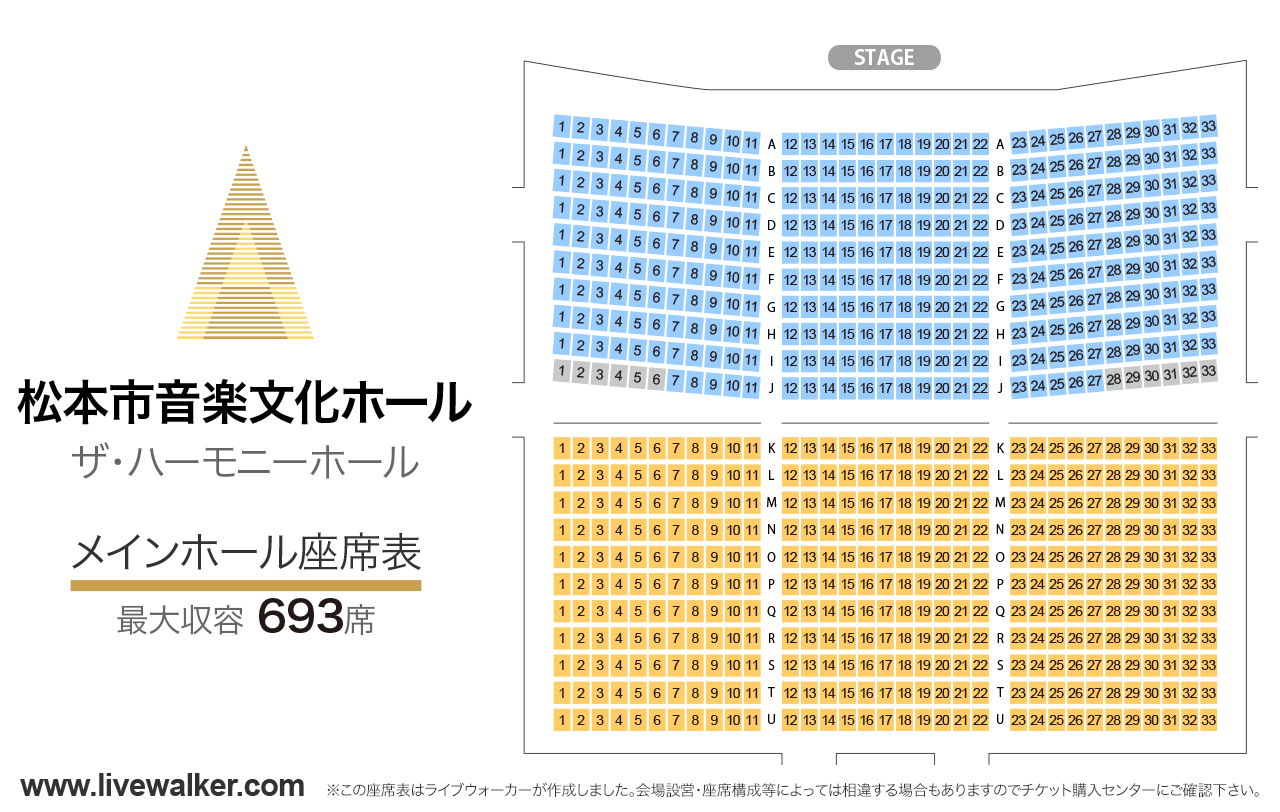 松本市音楽文化ホール（ザ・ハーモニーホール）メインホールの座席表