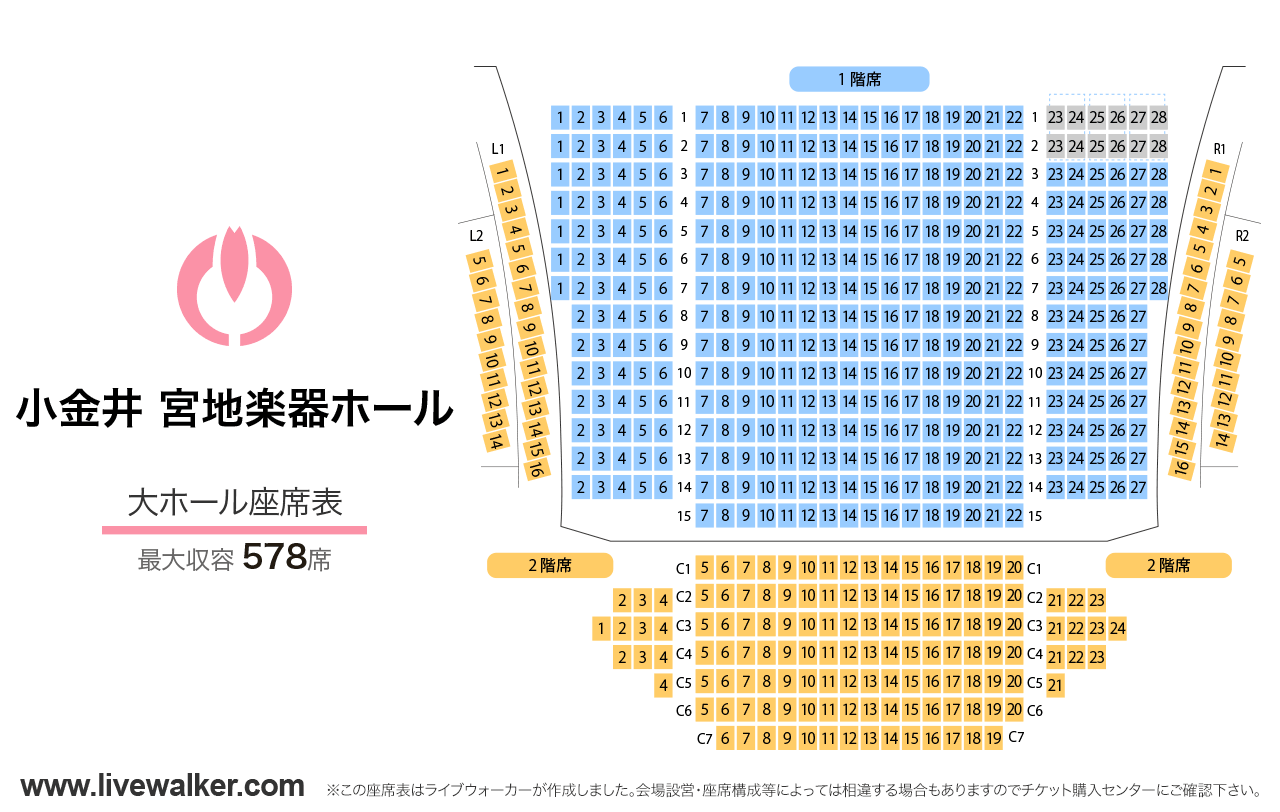 小金井 宮地楽器ホール大ホールの座席表