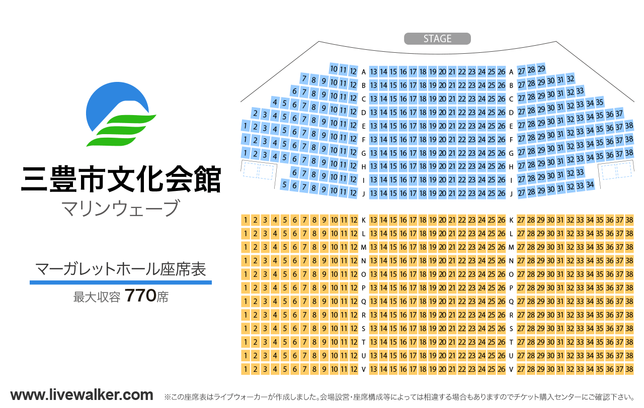 三豊市文化会館マリンウェーブマーガレットホールの座席表