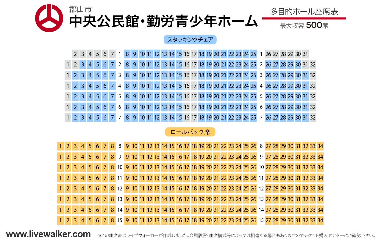 郡山市中央公民館・勤労青少年ホーム多目的ホールの座席表