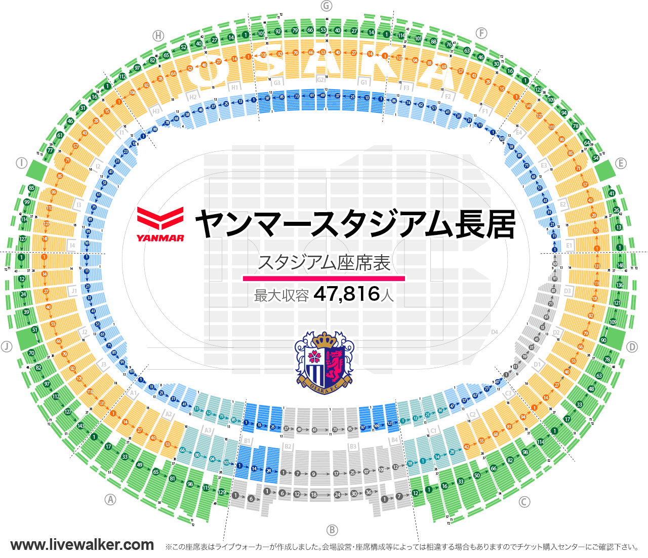 ヤンマースタジアム長居スタジアムの座席表