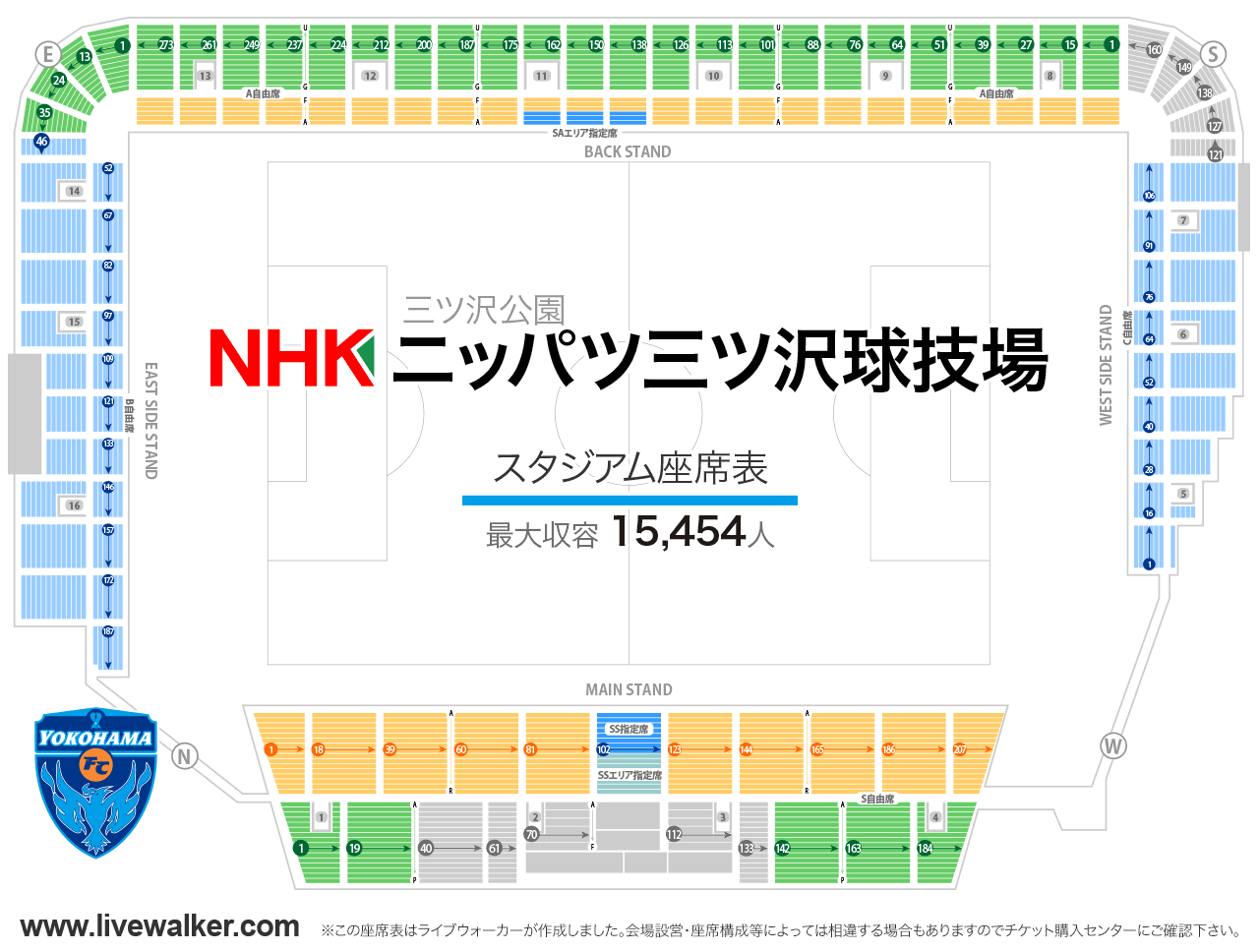 ニッパツ三ツ沢球技場スタジアムの座席表