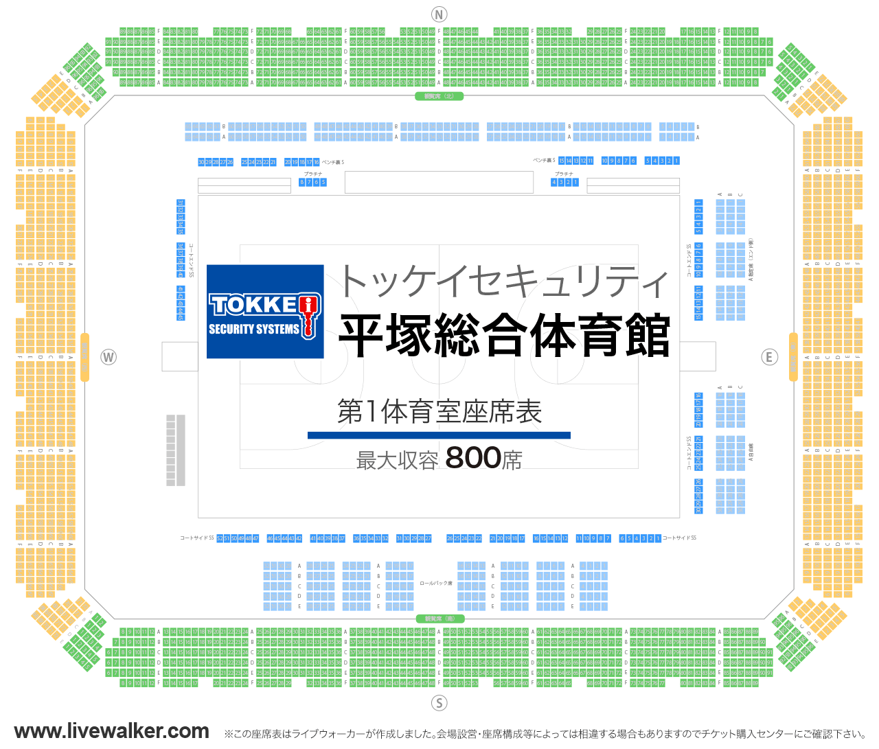 トッケイセキュリティ平塚総合体育館第1体育室の座席表