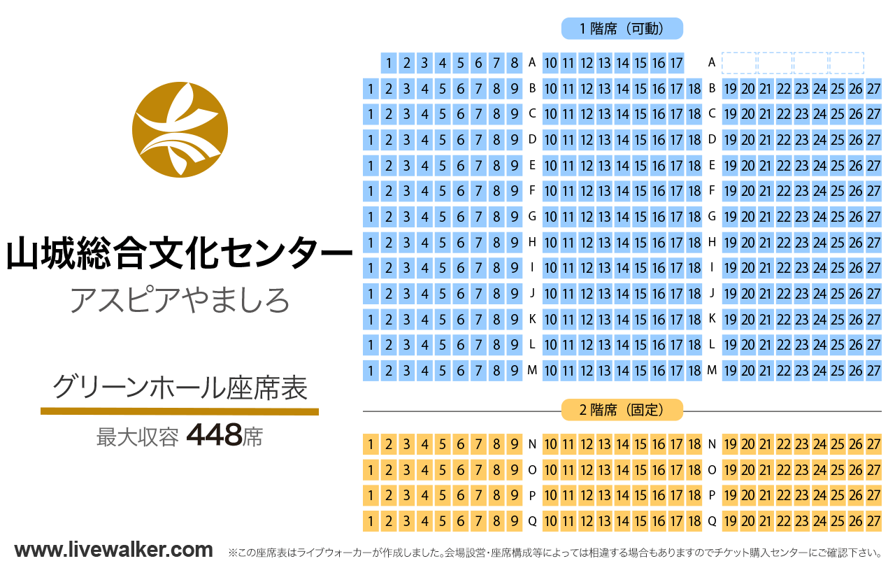 山城総合文化センター（アスピアやましろ）グリーンホールの座席表