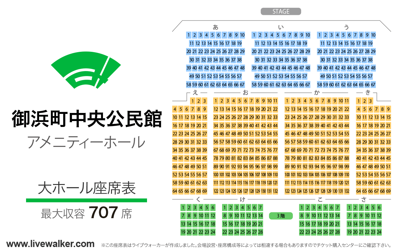 御浜町中央公民館アメニティーホール大ホールの座席表