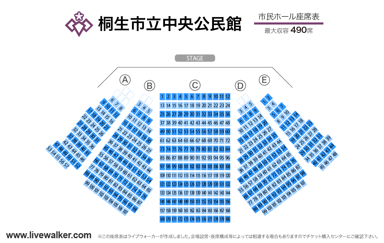 桐生市立中央公民館市民ホールの座席表