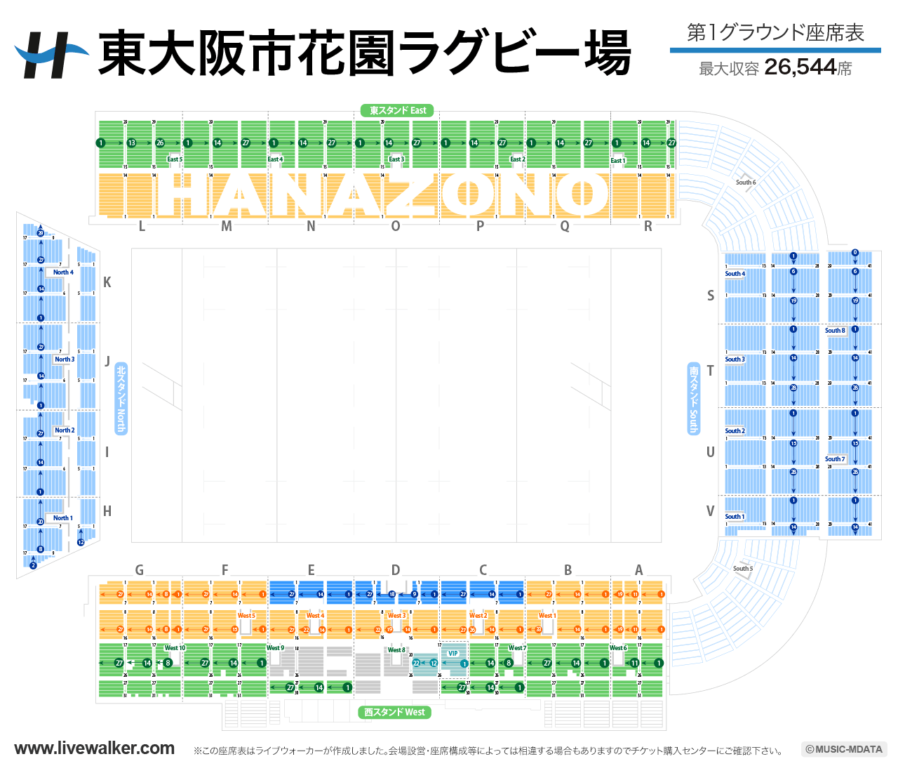 東大阪市花園ラグビー場第1グラウンドの座席表