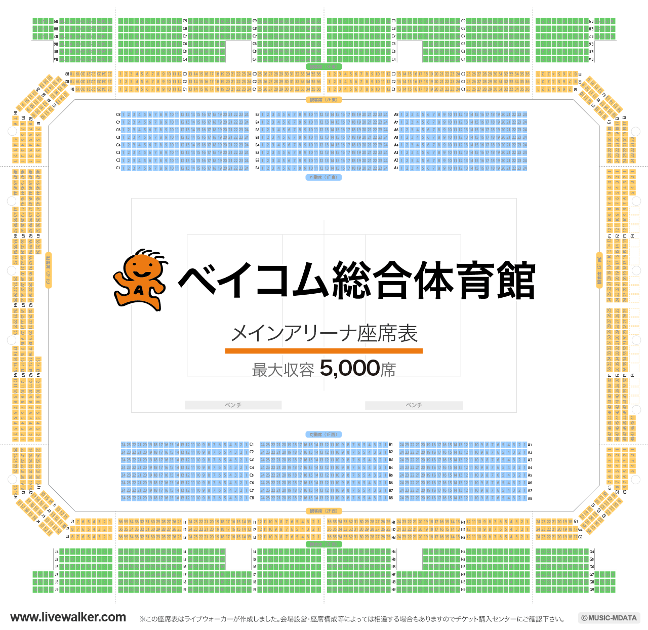 ベイコム総合体育館メインアリーナの座席表