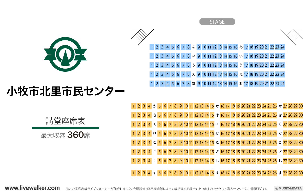 小牧市北里市民センター講堂の座席表