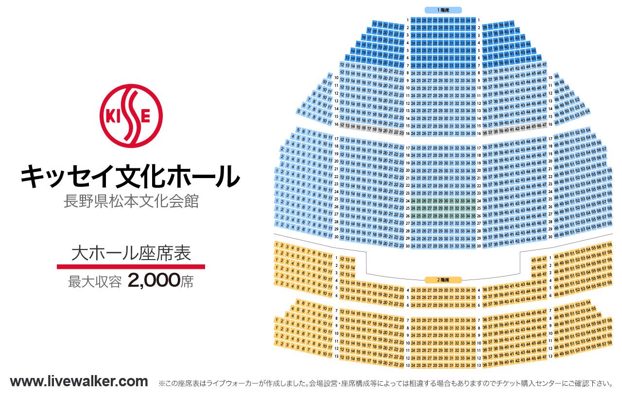 キッセイ文化ホール（長野県松本文化会館）大ホールの座席表