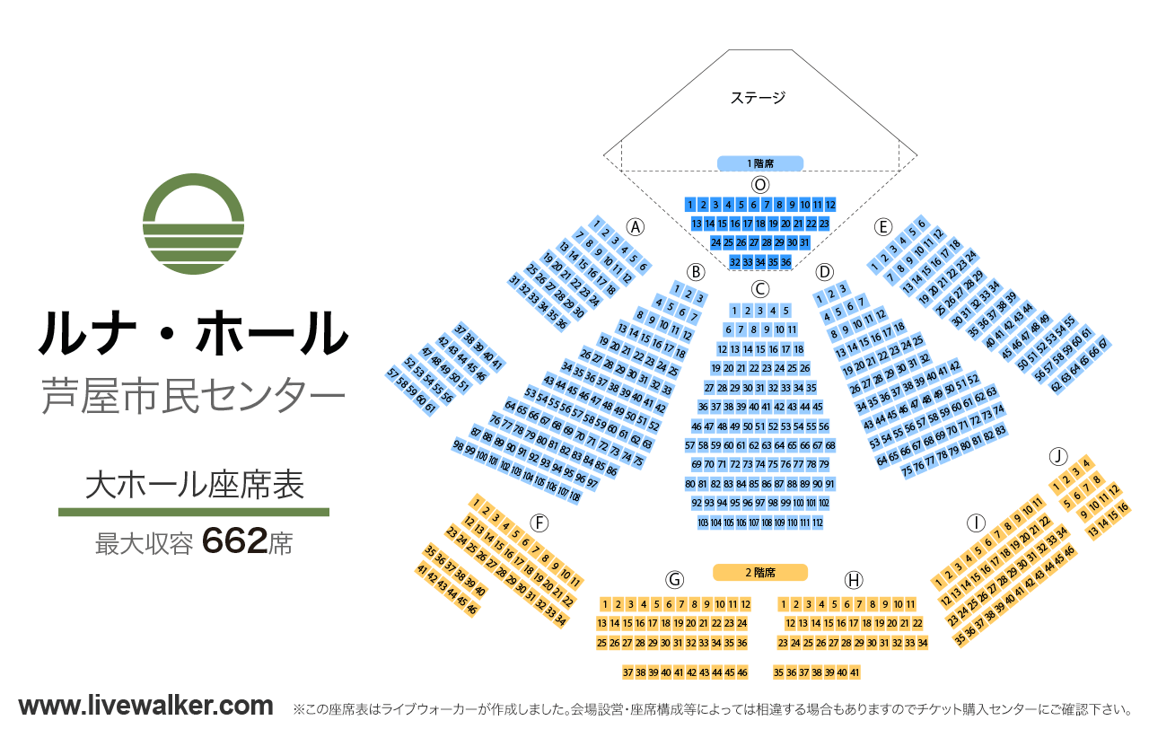 芦屋ルナ・ホール大ホールの座席表