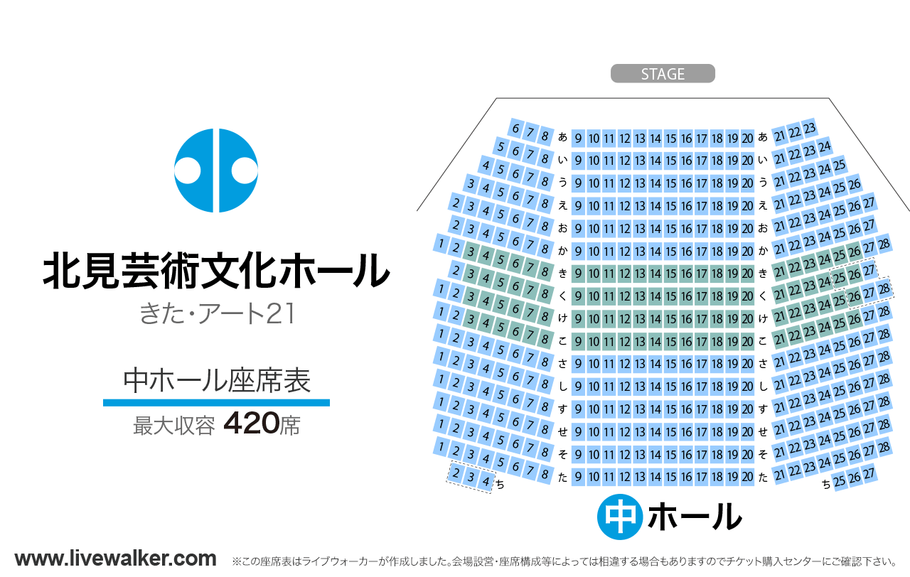 北見芸術文化ホール（きた・アート21）中ホールの座席表