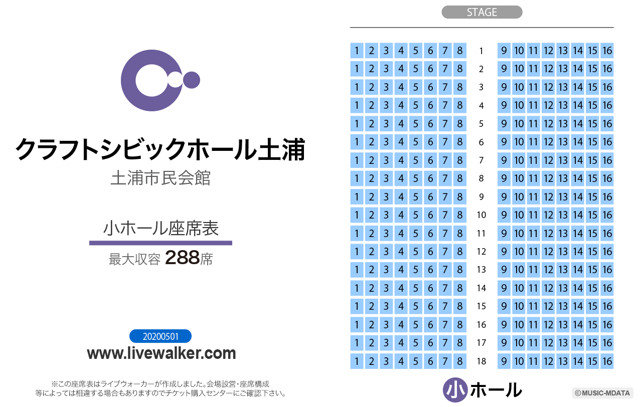 クラフトシビックホール土浦（土浦市民会館）小ホールの座席表