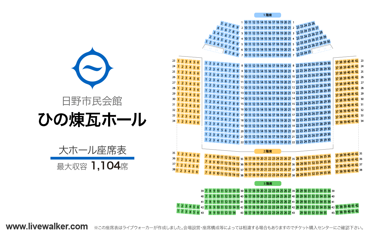 ひの煉瓦ホール（日野市民会館）大ホールの座席表