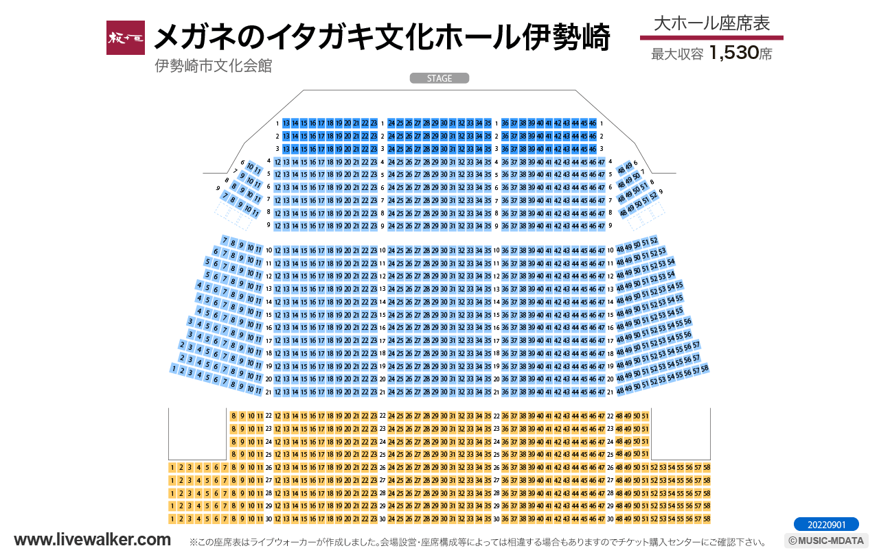 伊勢崎市文化会館大ホールの座席表