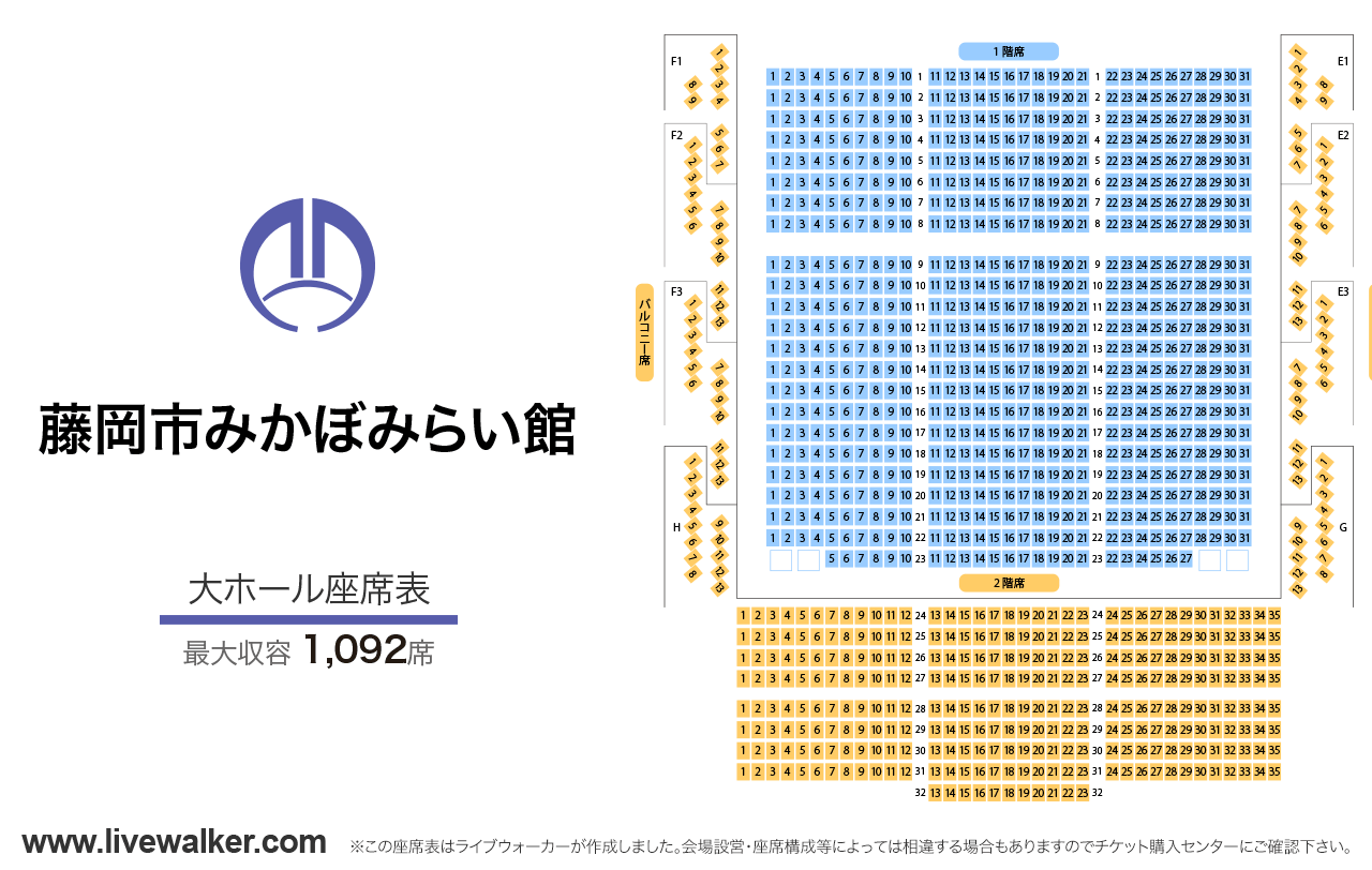 藤岡市みかぼみらい館大ホールの座席表