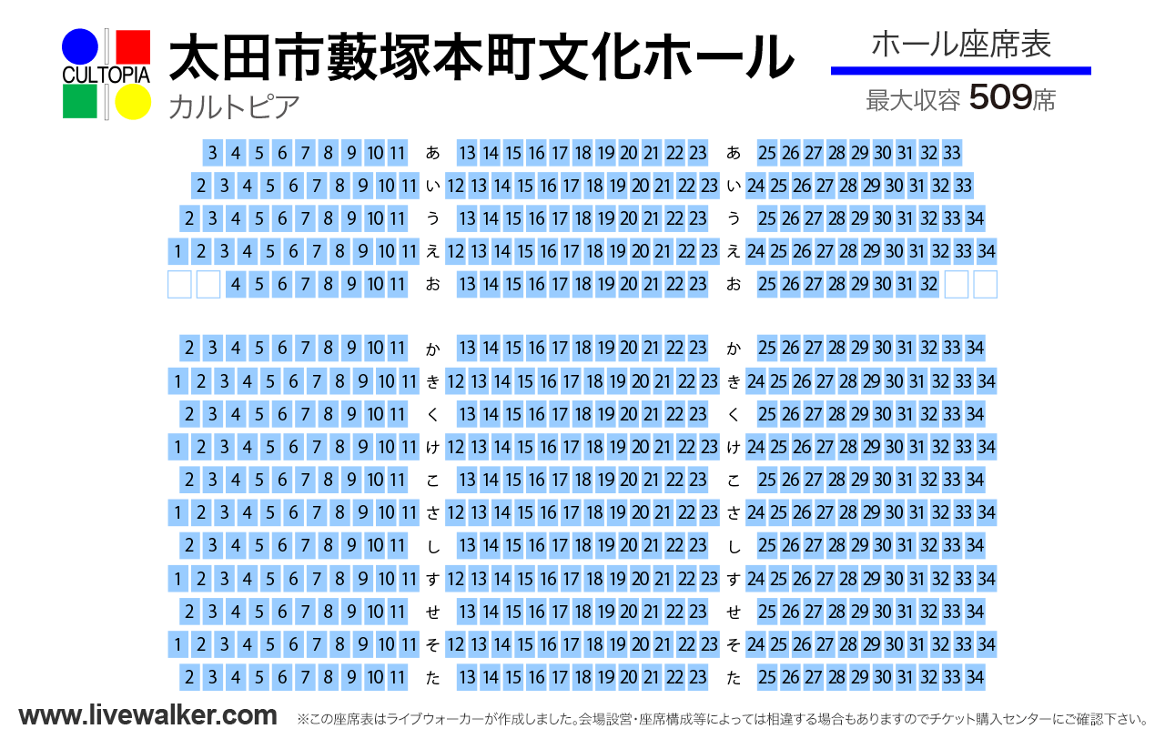 太田市藪塚本町文化ホール カルトピアホールの座席表