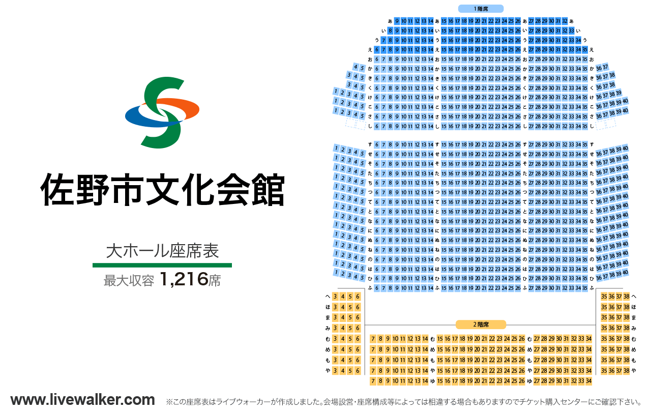 佐野市文化会館大ホールの座席表